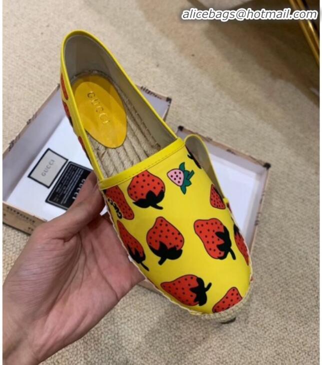 Classic Gucci Strawberry Print Silk Espadrilles G81531 Yellow 2020