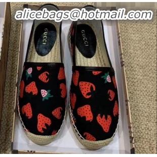 Fashion Gucci Strawberry Print Silk Espadrilles G81531 Black 2020