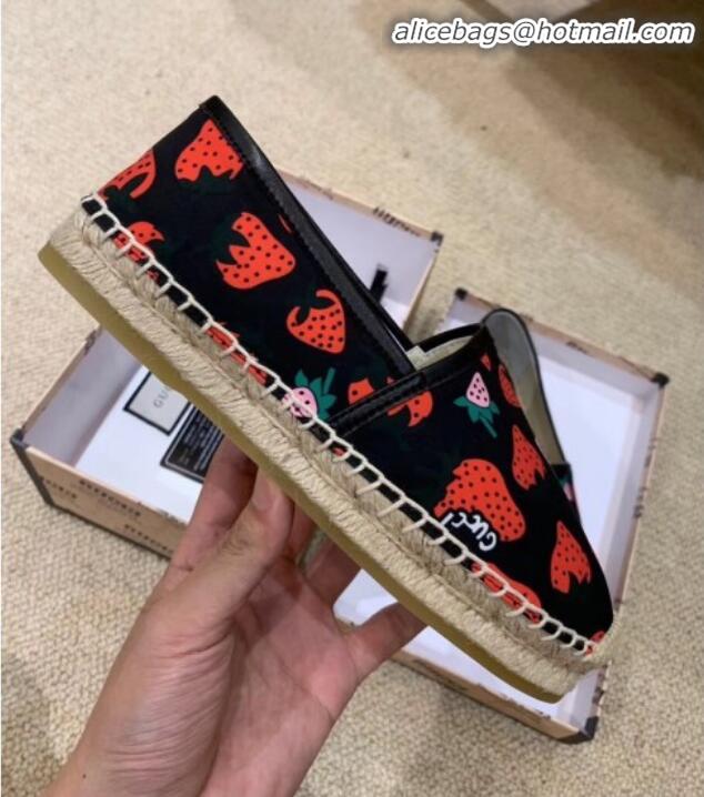 Fashion Gucci Strawberry Print Silk Espadrilles G81531 Black 2020