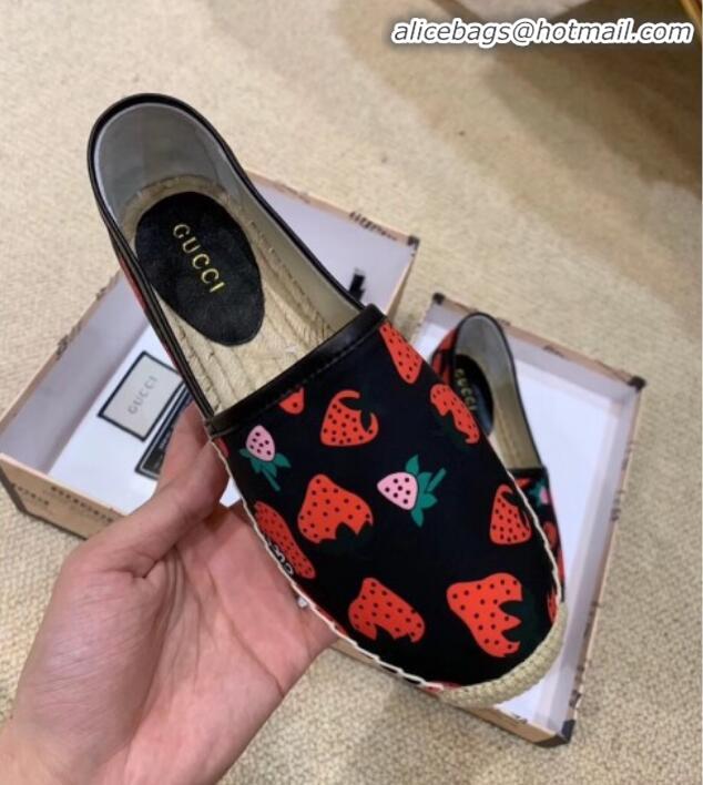 Fashion Gucci Strawberry Print Silk Espadrilles G81531 Black 2020