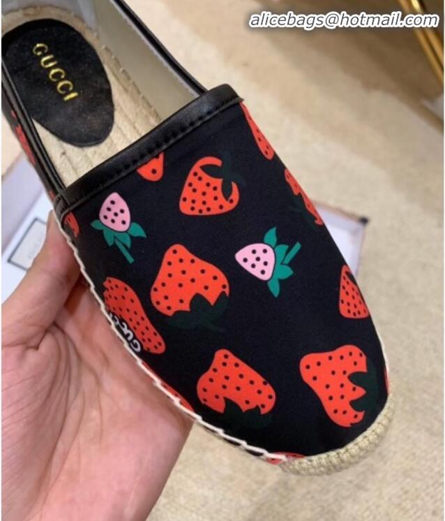 Fashion Gucci Strawberry Print Silk Espadrilles G81531 Black 2020