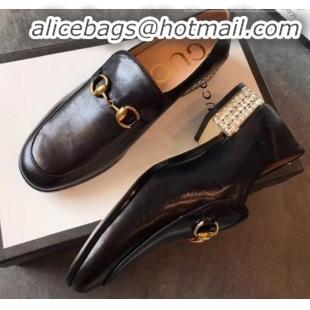 Luxury Cheap Gucci Horsebit Leather Loafer with Crystals Heel 523097 Black