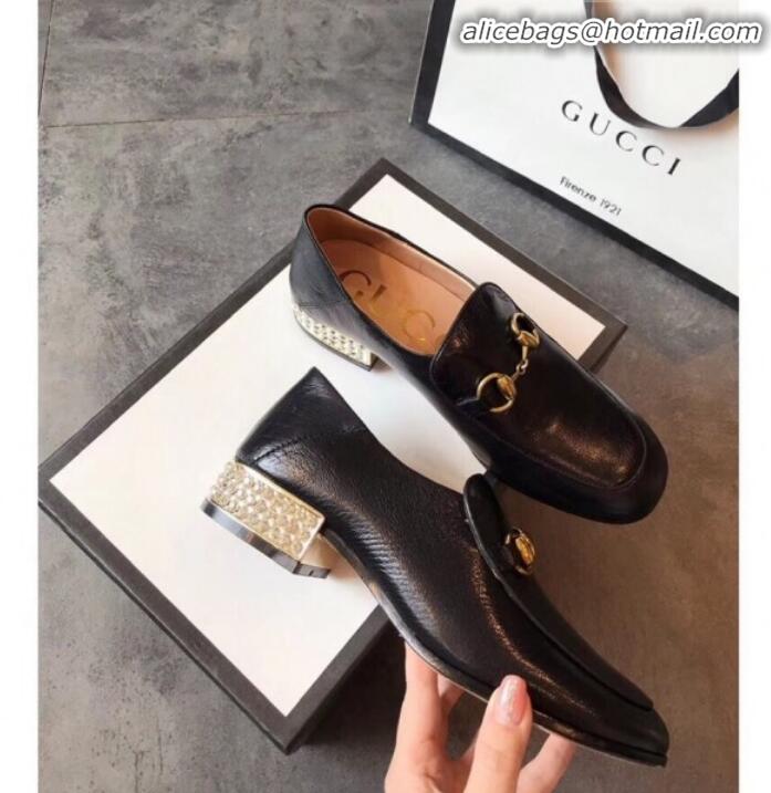 Luxury Cheap Gucci Horsebit Leather Loafer with Crystals Heel 523097 Black