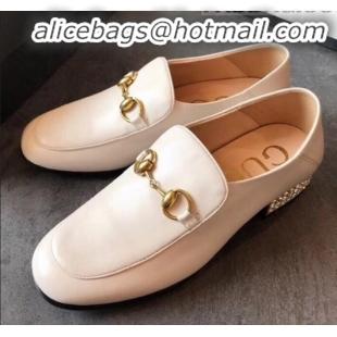 Luxury Gucci Horsebit Leather Loafer with Crystals Heel 523097 White