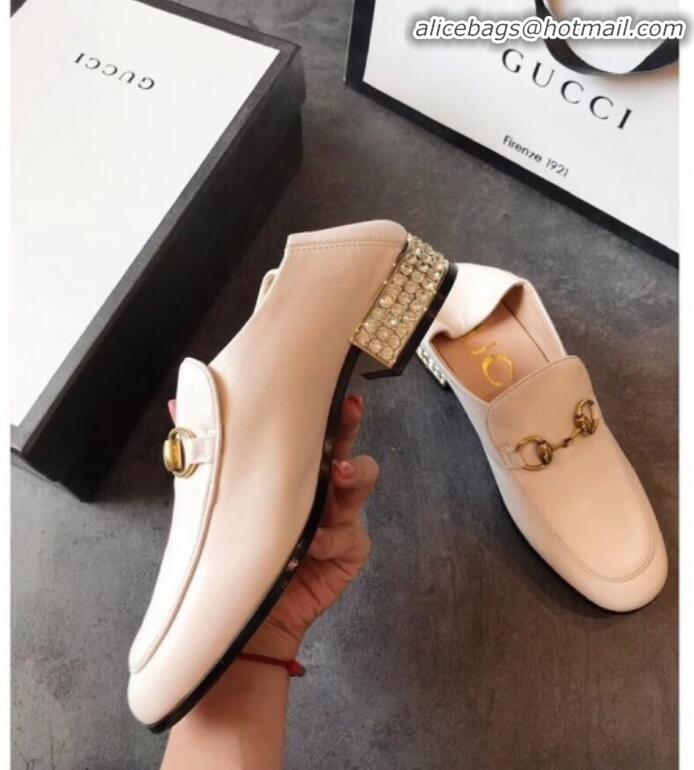 Luxury Gucci Horsebit Leather Loafer with Crystals Heel 523097 White