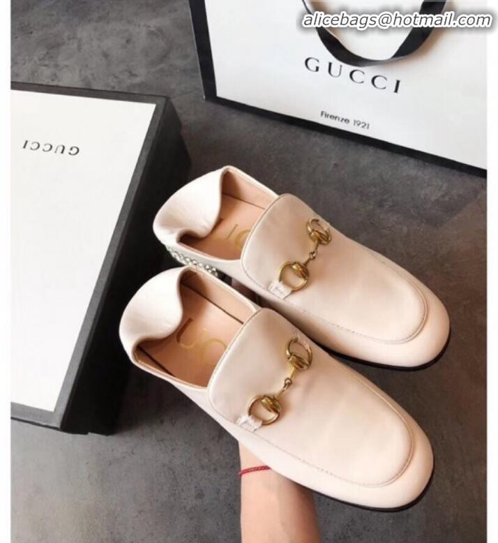 Luxury Gucci Horsebit Leather Loafer with Crystals Heel 523097 White