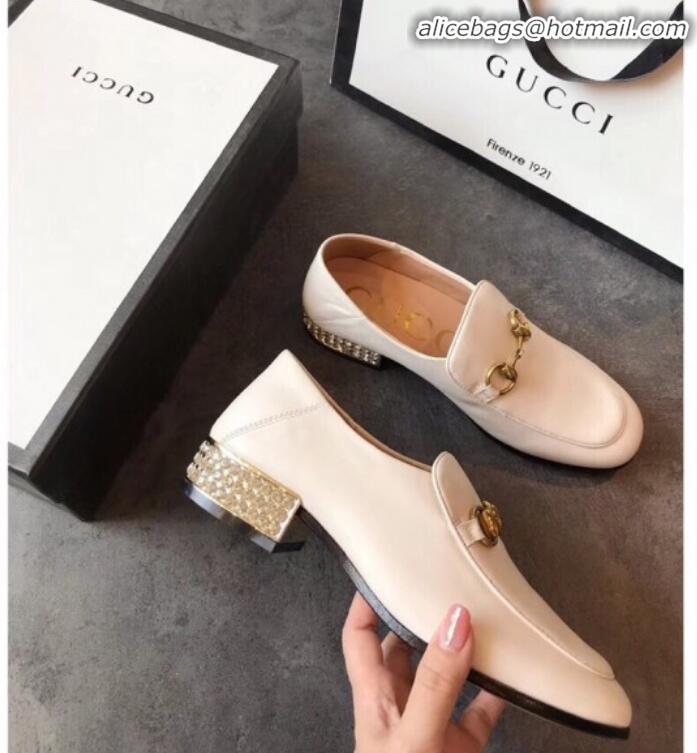 Luxury Gucci Horsebit Leather Loafer with Crystals Heel 523097 White