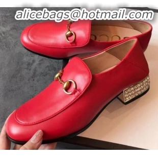  Popular Style Gucci Horsebit Leather Loafer with Crystals Heel 523097 Red