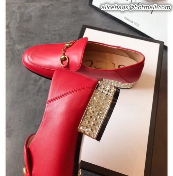  Popular Style Gucci Horsebit Leather Loafer with Crystals Heel 523097 Red