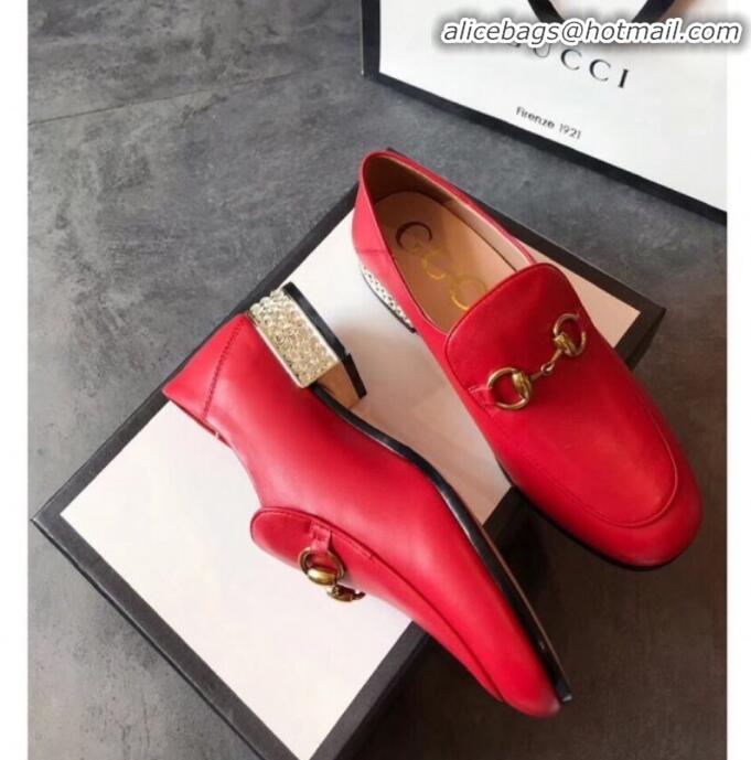  Popular Style Gucci Horsebit Leather Loafer with Crystals Heel 523097 Red