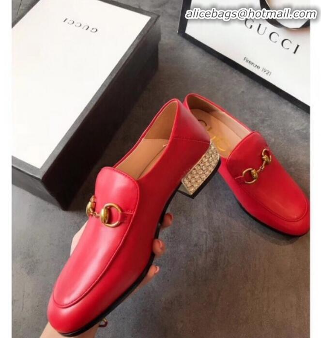  Popular Style Gucci Horsebit Leather Loafer with Crystals Heel 523097 Red