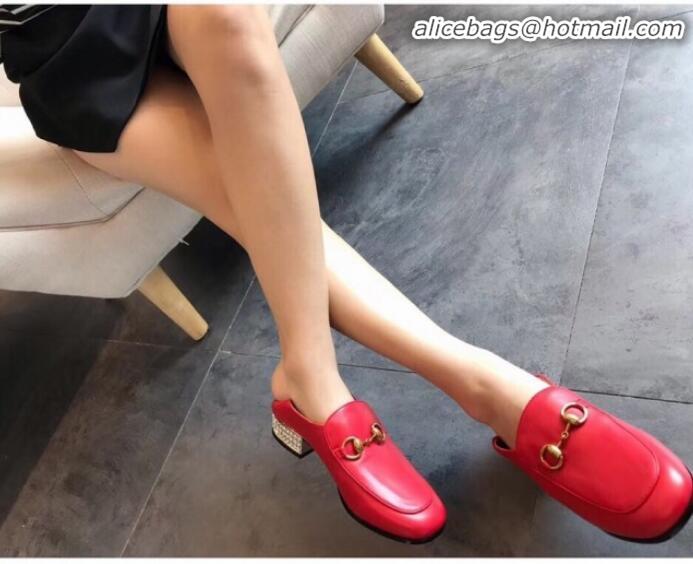  Popular Style Gucci Horsebit Leather Loafer with Crystals Heel 523097 Red