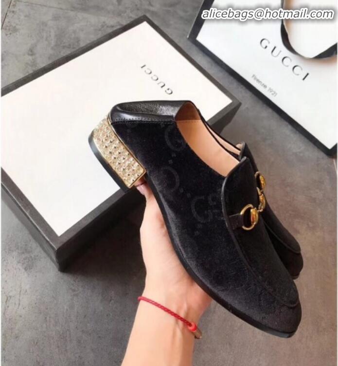 Top Design Gucci Horsebit GG Velvet Loafer with Crystals Heel 522698 Black