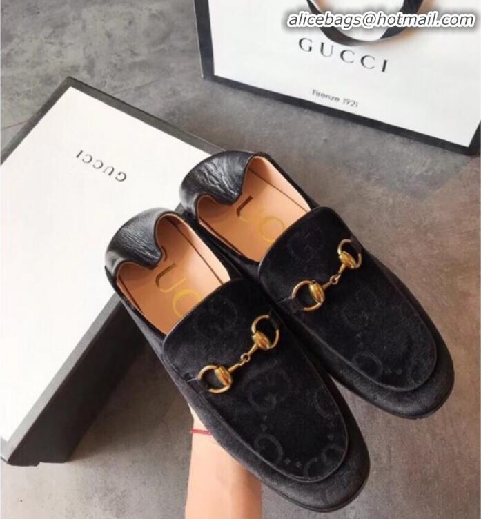 Top Design Gucci Horsebit GG Velvet Loafer with Crystals Heel 522698 Black