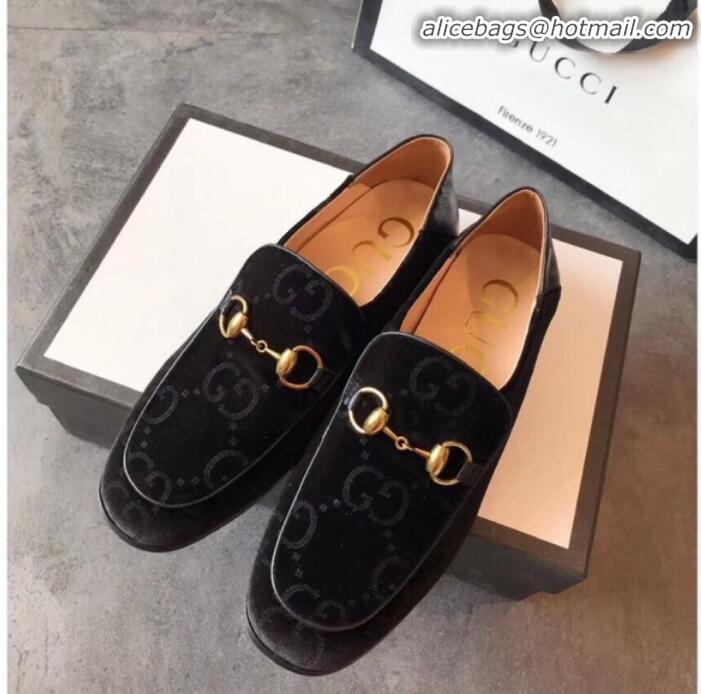 Top Design Gucci Horsebit GG Velvet Loafer with Crystals Heel 522698 Black