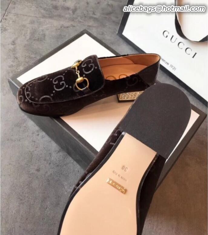 Good Quality Gucci Horsebit GG Velvet Loafer with Crystals Heel 522698 Brown