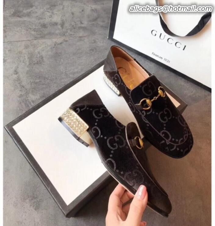 Good Quality Gucci Horsebit GG Velvet Loafer with Crystals Heel 522698 Brown