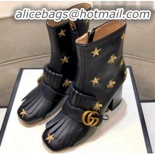 Best Product Gucci Embroidered Leather Fringe Mid-heel Ankle Short Boot 551545 Black