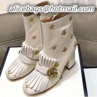 Good Looking Gucci Embroidered Leather Fringe Mid-heel Ankle Short Boot 551545 White 