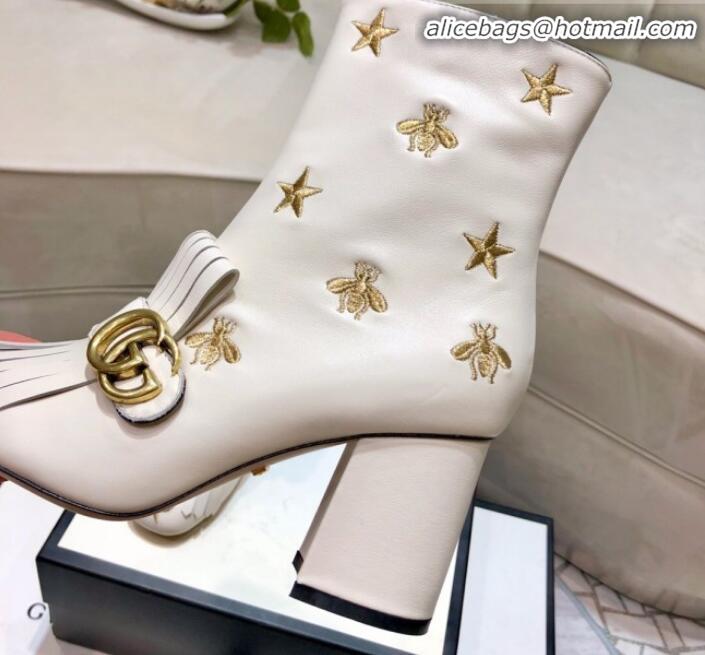 Good Looking Gucci Embroidered Leather Fringe Mid-heel Ankle Short Boot 551545 White 