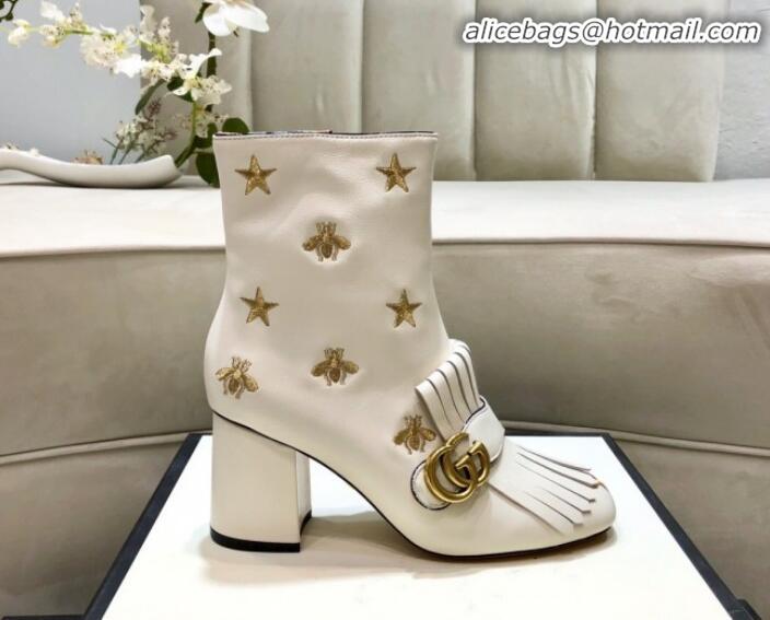 Good Looking Gucci Embroidered Leather Fringe Mid-heel Ankle Short Boot 551545 White 