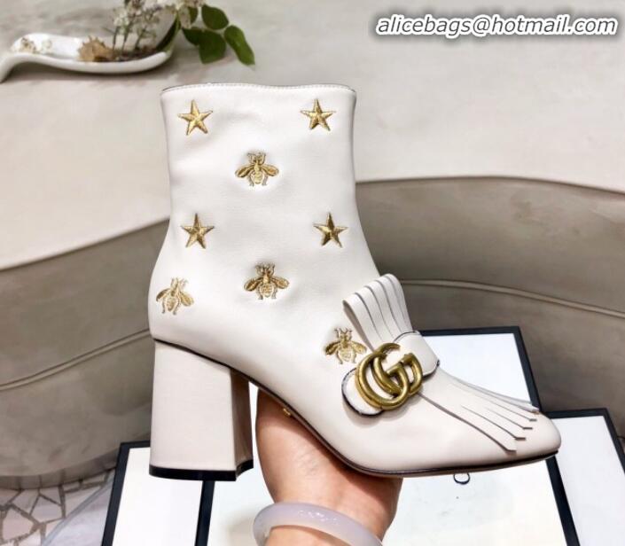 Good Looking Gucci Embroidered Leather Fringe Mid-heel Ankle Short Boot 551545 White 