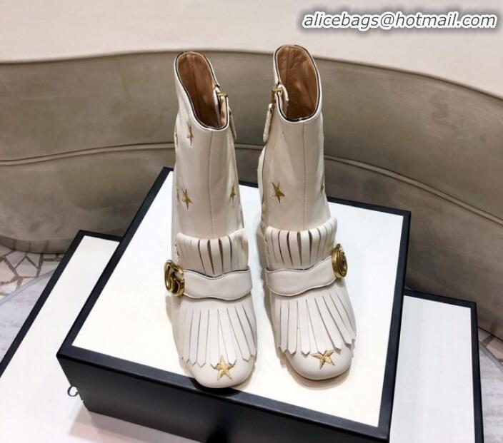 Good Looking Gucci Embroidered Leather Fringe Mid-heel Ankle Short Boot 551545 White 