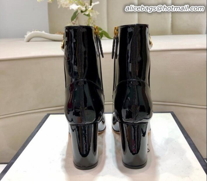 Luxury Gucci Patent Leather Bee Mid-Heel Short Boot G81613 Black