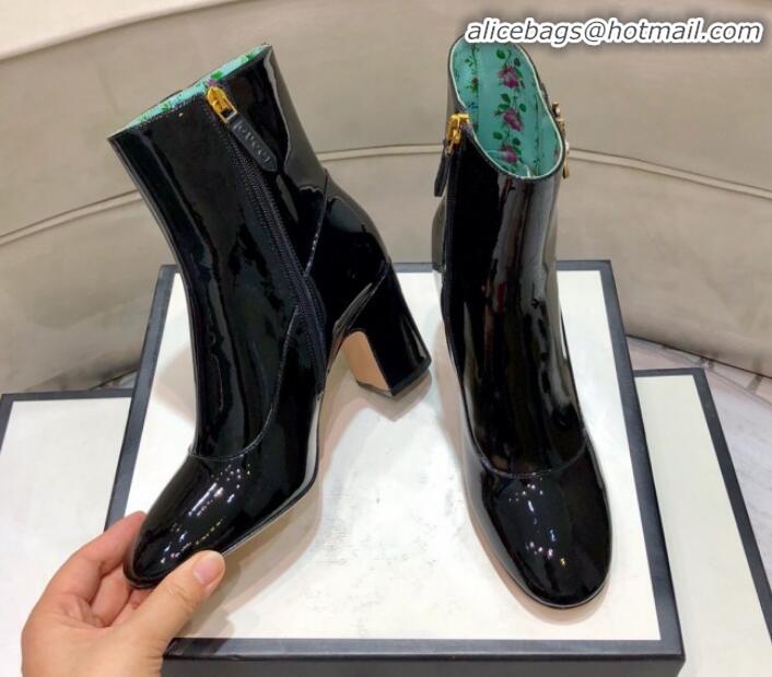 Luxury Gucci Patent Leather Bee Mid-Heel Short Boot G81613 Black