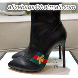 Discount Gucci Leather High-heel Short Boot with Web and Bee G81614 Black