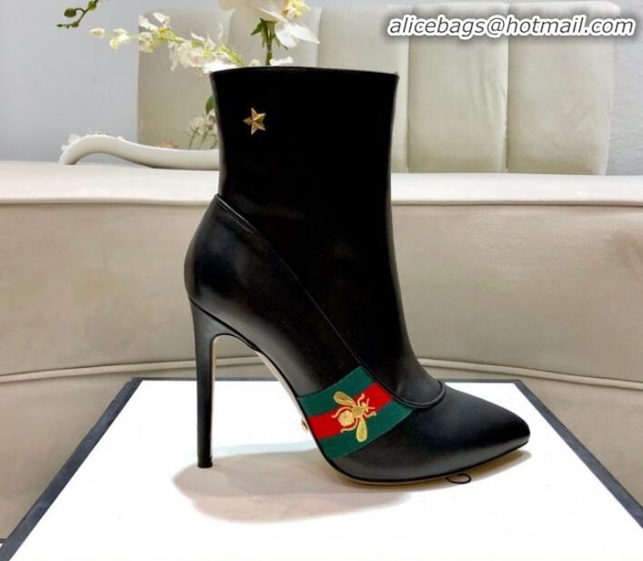 Discount Gucci Leather High-heel Short Boot with Web and Bee G81614 Black