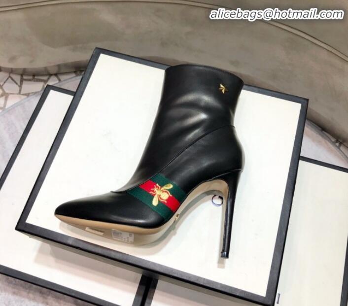 Discount Gucci Leather High-heel Short Boot with Web and Bee G81614 Black