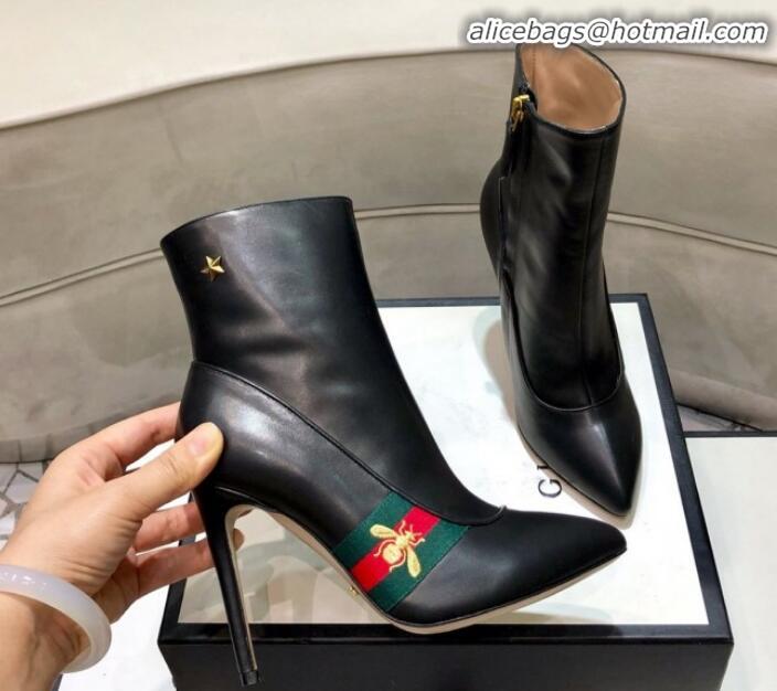 Discount Gucci Leather High-heel Short Boot with Web and Bee G81614 Black