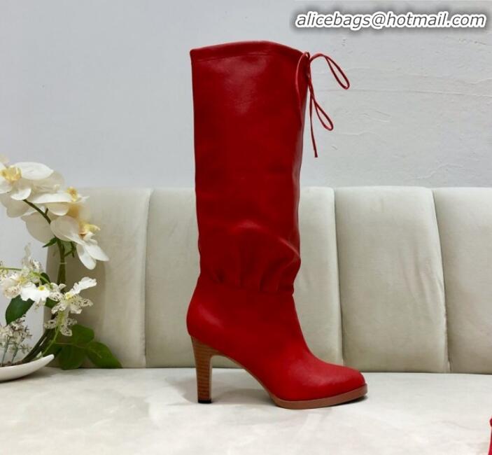 Lower Price Gucci Leather Tied Mid-heel High Knee Boot 549680 Red