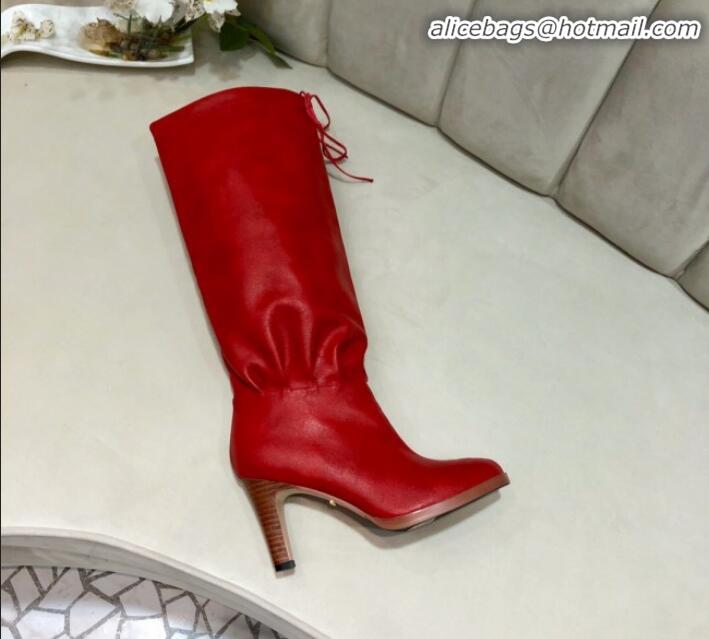 Lower Price Gucci Leather Tied Mid-heel High Knee Boot 549680 Red