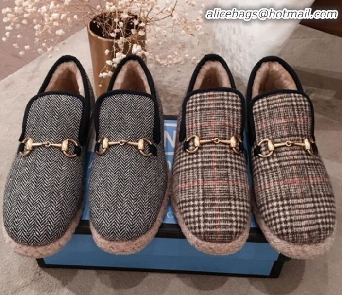 Purchase Gucci Striped Wool Lining Flat Horsebit Loafers 575850 Black/Grey