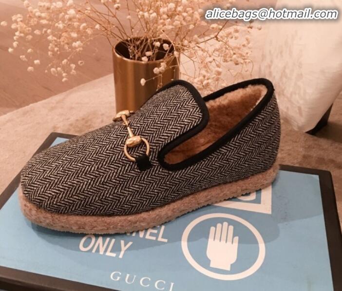 Purchase Gucci Striped Wool Lining Flat Horsebit Loafers 575850 Black/Grey