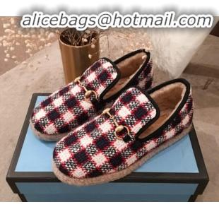 Luxurious Gucci Check Wool Lining Flat Horsebit Loafers 575850 Blue/Red