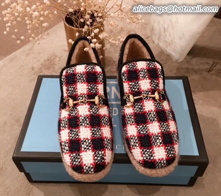 Luxurious Gucci Check Wool Lining Flat Horsebit Loafers 575850 Blue/Red