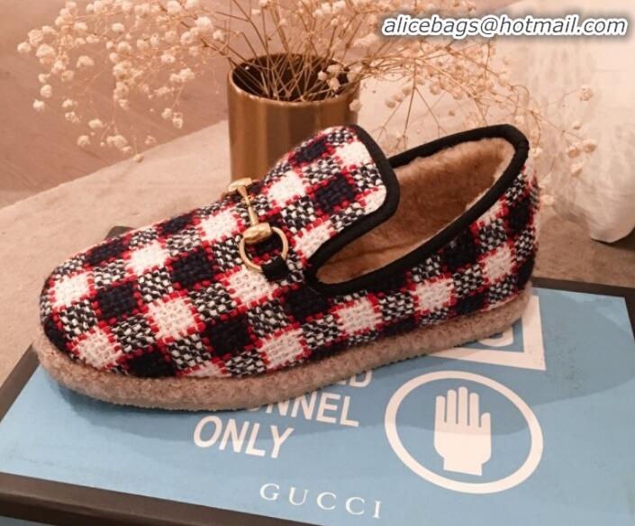 Luxurious Gucci Check Wool Lining Flat Horsebit Loafers 575850 Blue/Red