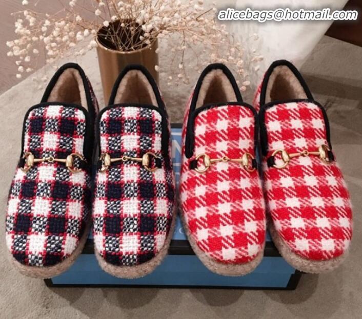 Luxurious Gucci Check Wool Lining Flat Horsebit Loafers 575850 Blue/Red