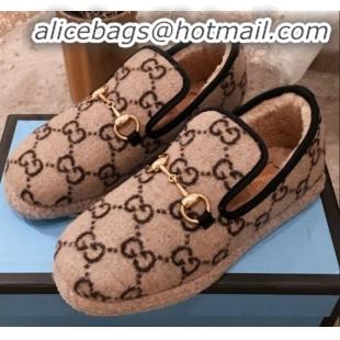 Luxury Gucci GG Wool Lining Flat Horsebit Loafers 575850 Beige