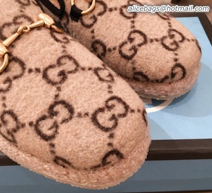 Luxury Gucci GG Wool Lining Flat Horsebit Loafers 575850 Beige