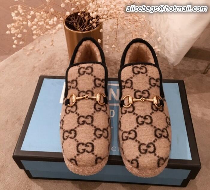 Luxury Gucci GG Wool Lining Flat Horsebit Loafers 575850 Beige