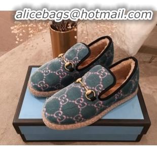 Grade Quality Gucci GG Wool Lining Flat Horsebit Loafers 575850 Blue/Green