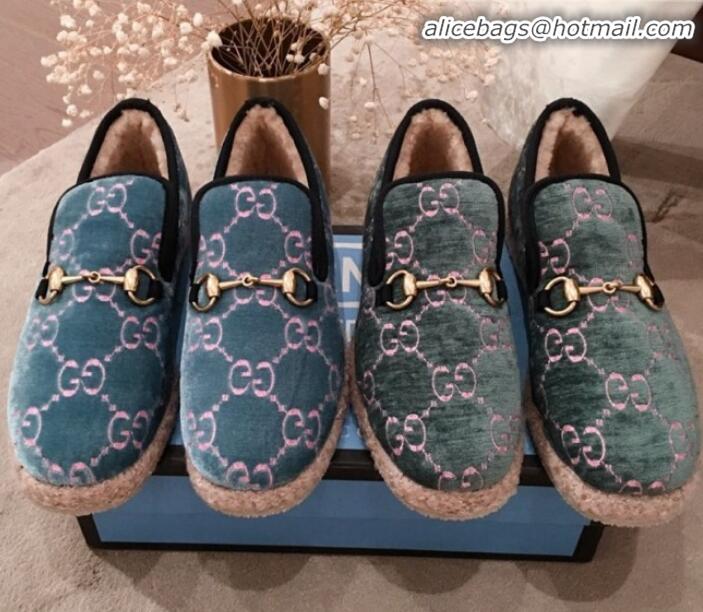 Grade Quality Gucci GG Wool Lining Flat Horsebit Loafers 575850 Blue/Green