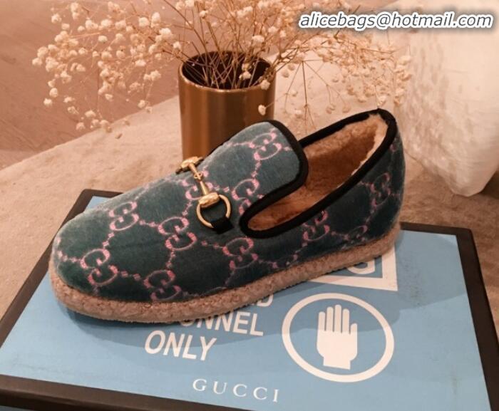 Grade Quality Gucci GG Wool Lining Flat Horsebit Loafers 575850 Blue/Green