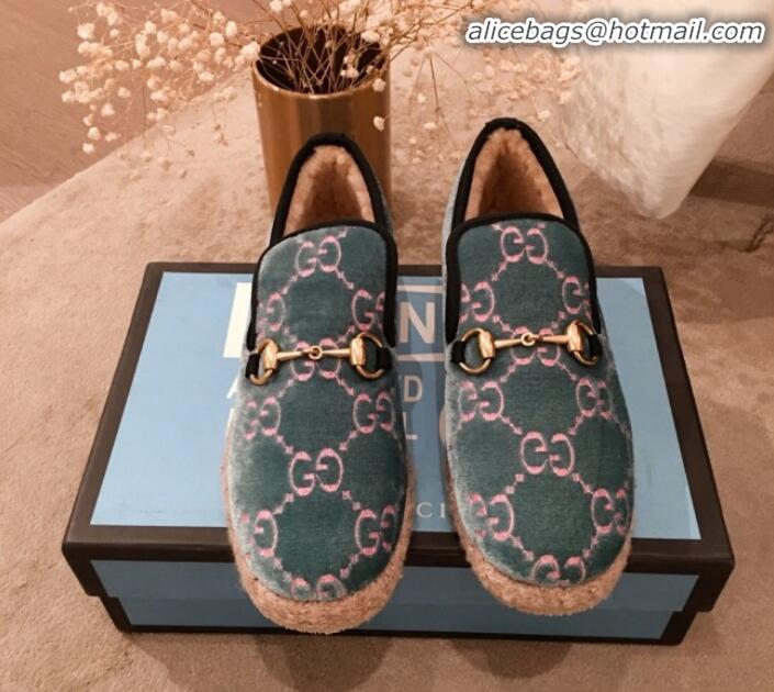 Grade Quality Gucci GG Wool Lining Flat Horsebit Loafers 575850 Blue/Green