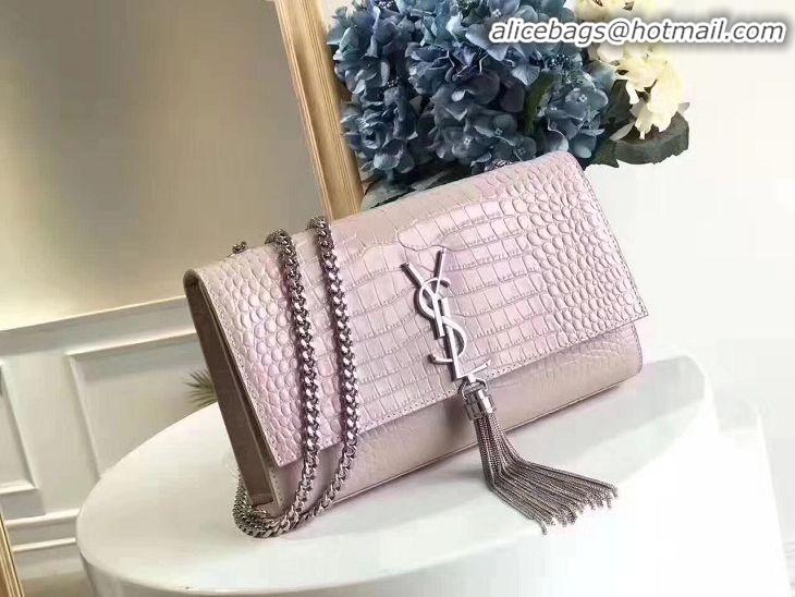 Top Quality Yves Saint Laurent Crocodile Original Leather Shoulder Bag 1456 Pink&Silver