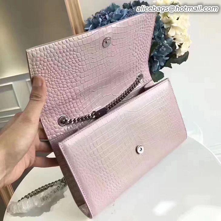 Top Quality Yves Saint Laurent Crocodile Original Leather Shoulder Bag 1456 Pink&Silver